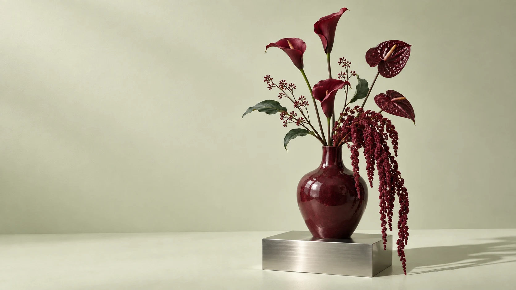 Bordeauxfarvet blomsterbuket i vase på en piedestal af stål